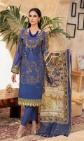 Shirt : Lawn Embroidered Front Lawn with Printed Back And Sleeves. Dupatta : Digital Printed Monar Dupatta Trouser : Dyed Cambric Trouser Blue color, Zari & sequins work on  Shirt Front embroidered.