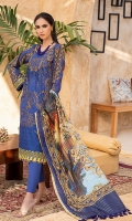 Shirt : Lawn Embroidered Front Lawn with Printed Back And Sleeves. Dupatta : Digital Printed Monar Dupatta Trouser : Dyed Cambric Trouser Blue color, Zari & sequins work on  Shirt Front embroidered.
