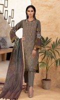 Shirt : Lawn Embroidered Front Lawn with Printed Back And Sleeves. Dupatta : Digital Printed Monar Dupatta Trouser : Dyed Cambric Trouser Blue color, Zari & sequins work on  Shirt Front embroidered.