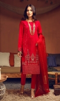 Broshia Jacqaurd Shirt with Embroidered Front, Organza Jacquard Dupatta and Dyed Cambic Trouser.