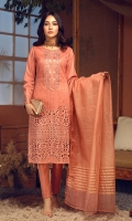 Broshia Jacqaurd Shirt with Embroidered Front, Organza Jacquard Dupatta and Dyed Cambic Trouser.