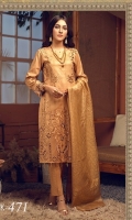 Broshia Jacqaurd Shirt with Embroidered Front, Organza Jacquard Dupatta and Dyed Cambic Trouser.