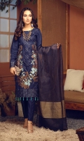 Broshia Jacqaurd Shirt with Embroidered Front, Organza Jacquard Dupatta and Dyed Cambic Trouser.