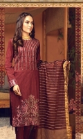 Broshia Jacqaurd Shirt with Embroidered Front, Organza Jacquard Dupatta and Dyed Cambic Trouser.