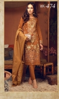 Broshia Jacqaurd Shirt with Embroidered Front, Organza Jacquard Dupatta and Dyed Cambic Trouser.