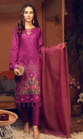 Broshia Jacqaurd Shirt with Embroidered Front, Organza Jacquard Dupatta and Dyed Cambic Trouser.