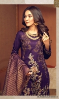 Broshia Jacqaurd Shirt with Embroidered Front, Organza Jacquard Dupatta and Dyed Cambic Trouser.