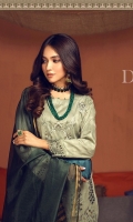 Broshia Jacqaurd Shirt with Embroidered Front, Organza Jacquard Dupatta and Dyed Cambic Trouser.