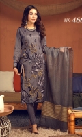 Broshia Jacqaurd Shirt with Embroidered Front, Organza Jacquard Dupatta and Dyed Cambic Trouser.
