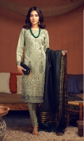 Broshia Jacqaurd Shirt with Embroidered Front, Organza Jacquard Dupatta and Dyed Cambic Trouser.