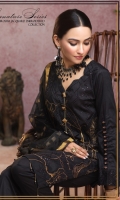 -Broshia Jacquard SHIRT with heavy embroidery on front , sleeves and embroidered belt. (NOTE Each design have different embroidery combination of thread , dori , zari , sequence and boring work). -Organza heavy Jacquard DUPATTA. -Dyed Cambric Trouser.