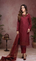 -Broshia Jacquard SHIRT with heavy embroidery on front , sleeves and embroidered belt. (NOTE Each design have different embroidery combination of thread , dori , zari , sequence and boring work). -Organza heavy Jacquard DUPATTA. -Dyed Cambric Trouser.