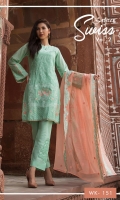 *Shirt : Swiss Voile - Full Embroidered Front.  *Dupatta : Chiffon - Full Embroidered.  *Trouser : Cambric with Embroidered Bunch/Belts