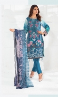 Shirt : Printed Cambric Jacquard with Embroidered Front (thread and Zari) Dupatta : Printed Chiffon Dupatta. Trouser : Dyed Cambric Trouser