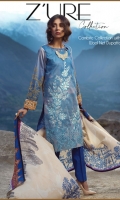 Shirt: Printed Embroidered Cambric Shirt. Trouser: Dyed Cambric Trouser Dupatta: Printed Wool Net Dupatta.