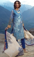 Shirt: Printed Embroidered Cambric Shirt. Trouser: Dyed Cambric Trouser Dupatta: Printed Wool Net Dupatta.