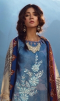 Shirt: Printed Embroidered Cambric Shirt. Trouser: Dyed Cambric Trouser Dupatta: Printed Wool Net Dupatta.