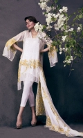 White on white sequence embroidered front on poly net with a bold floral pattern in yellow and lime. A delicate geometric design in sequence embroidered on back with heavily embroidered sleeves and a fully embroidered floral running border on a 100% pure chiffon dupatta with a plain shalwar and slip. 