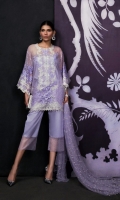 Ultra feminine floral resham embroidery with sequence in shades of lavender on a soft lavender organza with an additional fully sequenced side kali, sequenced back and sleeves. Paired with a soft lavender dupatta with all-over pearl embellishment and a plain shalwar and slip. 