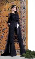 Black organza kameez embellished and embroidered with black cord and beading and an additional white embroidered bunch. Black on black resham floral embroidered back and sleeves. Paired with a black polynet dupatta with allover black pearl embellishment, plain black shalwar and slip.
