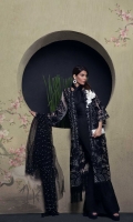 White organza kameez embellished and embroidered with black cord and beading and an additional white embroidered bunch. Black resham floral embroidered back and sleeves. Paired with a black polynet dupatta with allover white pearl embellishment, plain black shalwar and slip. 