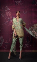 Ethnic floral resham embroidery in pinks and gold on a mint green cotton net kameez with gold tilla embroidery and a full gold tilla embroidered back and sleeves with an additional cord embroidered border.  Paired with a mint dupatta with separate heavy resham floral embroidered pallu detailing, plain pants and slip. 