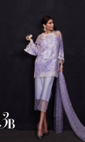 Ultra feminine floral resham embroidery with sequence in shades of lavender on a soft lavender organza with an additional fully sequenced side kali, sequenced back and sleeves. Paired with a soft lavender dupatta with all-over pearl embellishment and a plain shalwar and slip.