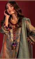 Gold Printed Shirt Front on Cotton Satin 1.12 Meters Gold Printed Shirt Back on Cotton Satin 1.12 Meters Gold Printed Sleeves on Cotton Satin 0.65 Meters Embroidered Daman on Lawn Embroidered Patti on Lawn Gold Print Silk Borders 3 Meters Dyed Cotton Tensile Pants 2.5 Meters Dyed Woven Zari Dupatta 2.5 Meters.