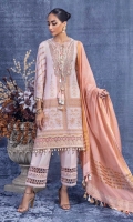 Gold & Paste Block Print Shirt Front On Slub Lawn	1.14 meters  Gold & Paste Block Print Shirt Back On Slub Lawn	1.14 meters  Gold & Paste Block Print Sleeves On Slub Lawn	0.65 meter Embroidered Neck On Organza	  Dyed Woven Gold Zari Dupatta	2.5 meters Dyed Pants On Cotton	2.5 meters