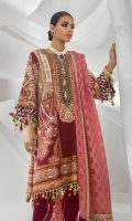 Gold Paste Printed Shirt Front On Slub Lawn 	1.25 meters Gold Paste Printed Shirt Back On Slub Lawn 	1.25 meters Gold Paste Printed Sleeves On Slub Lawn 	0.65 meter Embroidered Neckline On Organza 	1 piece Dyed Cotton Pants	2.5 meters Dyed Woven Jacquard Dupatta 	2.5 meters