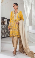 Gold & Paste Block Print Shirt  Front On Slub Lawn	1.14 meters  Gold & Paste Block Print Shirt Back On Slub Lawn	1.14 meters  Gold & Paste Block Print Sleeves On Slub Lawn	0.65 meter Embroidered Neck On Organza	  Dyed Woven Gold Zari Dupatta	2.5 meters Gold Printed Pants On Cotton	2.5 meters