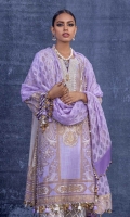 Gold Paste Printed Shirt Front On Slub Lawn 	1.25 meters Gold Paste Printed  Shirt Back On Slub Lawn 	1.25 meters Gold Paste Printed Sleeves On Slub Lawn 	0.65 meter Embroidered Neckline On Organza 	1 piece Dyed Cotton Pants	2.5 meters Dyed Woven Jacquard Dupatta 	2.5 meters