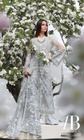 Beautiful pale blue resham and badla traditional embroidered shirt front, back and sleeves on poly net along with a hand embroidered pearl body provided with a slip and an Indian raw silk trouser fabric paired with an embroidered net dupatta.