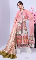 Shirt Front Poly Net with EMB: 1.27Meters Shirt BackPoly Net with EMB : 1.27 Meters Sleeves Poly Net With EMB : 1 .3 Meters Poly Net Foil Dupatta : 2.50 Meters Poly Satin EMB Cuff Border : 0.35 Meter Poly Satin Digital Print Border : 4 meters Poly Satin Digital Print Border : 1 Meter Poly Satin Digital Back Border : 1 Meter Dyed PK Raw Silk Shalwar : 2.50 Meters Dyed Staple Cotton Slip Fabric : 2.30 Meters