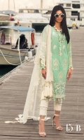 Embroidered Slub Lawn Shirt Front - 1.25 Meter Embroidered Daman Chiffon Border - 1 Meter Printed Slub Lawn Shirt Back - 1.25 Meter Printed Slub Lawn Sleeves - 0.65 Meter Embroidered Tulle Dupatta - 2.5 Meter Paste Printed Cotton Trouser - 2.5 Meter.