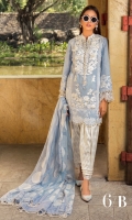 Paste Printed Dobby Shirt Front - 1.25 Meter Embroidered Center Panel on Lawn – 1 Piece Paste Printed Dobby Shirt Back – 1.25 Meter Embroidered Dobby Sleeves – 0.65 Meter Embroidered Bunches on Organza – 32 motifs Embroidered Border on Organza – 1 Meter Tulle Embroidered Dupatta – 2.5 Meter Paste Printed Dupatta Pallu Border on Organza – 80 inches Paste Printed Trouser – 2.5 Meter.