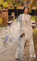 Embroidered Tulle Shirt Front – 1.25 Meter Embroidered Tulle Shirt Back – 1.25 Meter Embroidered Tulle Side Kali – 0.65 Meter Embroidered Tulle Sleeves – 0.65 Meter Embroidered Tulle Border – 1 Meter Hand Work Broche – 1 Piece Slip Fabric – 2.5 Meter Digital Printed Organza Dupatta – 2.5 Meter Paste Printed Cotton Trouser – 2.5 Meter