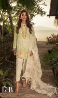 Embroidered Slub Lawn Shirt Front - 1.25 Meter Paste Printed Slub Lawn Shirt Back - 1.25 Meter Paste Printed Slub Lawn Sleeves - 0.65 Meter Embroidered Tulle Dupatta - 2.5 Meter Paste Printed Cotton Trouser - 2.5 Meter.