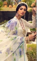 Embroidered Tulle Shirt Front – 1.25 Meter Embroidered Tulle Shirt Back – 1.25 Meter Embroidered Tulle Side Kali – 0.65 Meter Embroidered Tulle Sleeves – 0.65 Meter Embroidered Tulle Border – 1 Meter Hand Work Broche – 1 Piece Slip Fabric – 2.5 Meter Digital Printed Organza Dupatta – 2.5 Meter Paste Printed Cotton Trouser – 2.5 Meter