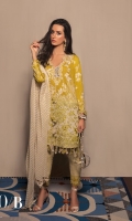 Embroidered Lawn Shirt Front Body - 0.65 Meter Embroidered Lawn Daman - 0.65 Meter Printed Lawn Shirt Back - 1.25 Meter Printed Lawn Sleeves - 0.65 Meter Embroidered Tulle Dupatta - 2.5 Meter Printed Cotton Trouser - 2.5 Meter.