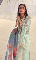 Embroidered Tulle Shirt Front – 1.25 Meter Embroidered Tulle Shirt Back – 1.25 Meter Embroidered Tulle Side Kali – 0.65 Meter Embroidered Tulle Sleeves – 0.65 Meter Embroidered Tulle Border – 1 Meter Hand Work Broche – 1 Piece Slip Fabric – 2.5 Meter Digital Printed Organza Dupatta – 2.5 Meter Paste Printed Cotton Trouser – 2.5 Meter