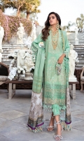 Embroidered Center Panel on Lawn 1 pc Embroidered Side Panels on Lawn 2 pcs Embroidered Daman Border on Organza 1 mtr Paste Printed Rotary Sleeves on Lawn 0.65 mtr Paste Printed Back on Lawn 1.25 mtr Dyed Tussar Silk Dupatta 2.5 mtr Digital Printed Satin Pallus 2 pcs Paste Printed Rotary Pants 2.5 mtr