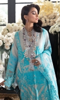 Embroidered Front On Dobby 1.25 mtr Back Paste Printed on Dobby 1.25 mtr Dyed Dobby Sleeves 0.65 mtr Embroidered Sleeves Border on Organza 1 mtr Embroidered Neck Running Patta 10 pcs Embroidered Daaman Border on Organza 1 mtr Dyed Cotton Pants 2.5 mtr Puff Paste Printed Dupatta on Organza 2.5 mtr Dyed Cotton Pants 2.5 mtr