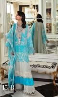 Embroidered Front On Dobby 1.25 mtr Back Paste Printed on Dobby 1.25 mtr Dyed Dobby Sleeves 0.65 mtr Embroidered Sleeves Border on Organza 1 mtr Embroidered Neck Running Patta 10 pcs Embroidered Daaman Border on Organza 1 mtr Dyed Cotton Pants 2.5 mtr Puff Paste Printed Dupatta on Organza 2.5 mtr Dyed Cotton Pants 2.5 mtr