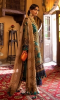 Velvet Dyed Front & Embroidered	1.25 meters Velvet Dyed Back 	1.25 meters Velvet Dyed & Embroidered Sleeves 	0.65 meters Embroidered Border On Organza 	1 meter Embroidered Border On Organza 	2 meter Gold Paste Printed Border On Lawn 	2 meter Dupatta Dyed & Embroidered Rotary On Poly Net 	2.5 meter Embroidered Pallu On Organza 	2 meter Raw Silk Dyed Pants 	2.5 meter