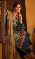 Velvet Dyed Front & Embroidered	1.25 meters Velvet Dyed Back 	1.25 meters Velvet Dyed & Embroidered Sleeves 	0.65 meters Embroidered Border On Organza 	1 meter Embroidered Border On Organza 	2 meter Gold Paste Printed Border On Lawn 	2 meter Dupatta Dyed & Embroidered Rotary On Poly Net 	2.5 meter Embroidered Pallu On Organza 	2 meter Raw Silk Dyed Pants 	2.5 meter
