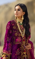 Velvet Dyed Front & Embroidered	1.25 meters Velvet Dyed Back	1.25 meters Velvet Dyed & Embroidered Sleeves	0.65 meter Gold Paste Printed Border On Lawn	3 meter Embroidered Border On Lawn 	1 meter Dupatta Dyed & Embroidered Rotary On Organza	2.5 meter Embroidered Pallu On Organza 	2 meter Raw Silk Dyed Pants 	2.5 meter