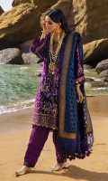 Velvet Dyed Front & Embroidered	1.25 meters Velvet Dyed Back	1.25 meters Velvet Dyed & Embroidered Sleeves 	0.65 meter Embroidered Kufl For Sleeves On Organza	2 piece Embroidered Kufl For Neckline On Organza 	1 piece Embroidered Border Patti On Organza 	1 meter Embroidered Border On Velvet 	1 meter Dupatta Dyed Jacquard	2.5 meter Gold Paste Printed Border On Lawn 	7 meter Pallu  Embroidered On Organza 	2 meter Raw Silk Dyed Pants	2.5 meter
