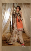 Digitally printed front on lawn: 1.25m Digitally printed back on lawn: 1.25m Digitally printed sleeves on lawn: 0.65m  Printed pants: 2.5m Printed Dupatta on chiffon (blended): 2.5m
