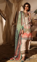 Digitally printed front on lawn: 1.25m Digitally printed back on lawn: 1.25m Digitally printed sleeves on lawn: 0.65m  Dyed pants: 2.5m Printed Dupatta on chiffon (blended): 2.5m